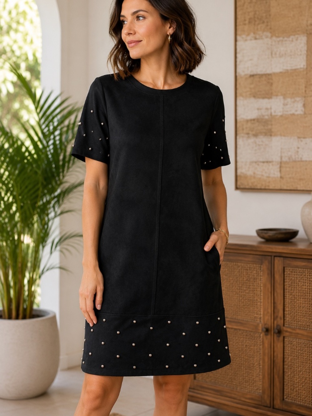 Joh Apparel Black Faux Suede Studded Shift Short Sleeve Dress | Size L